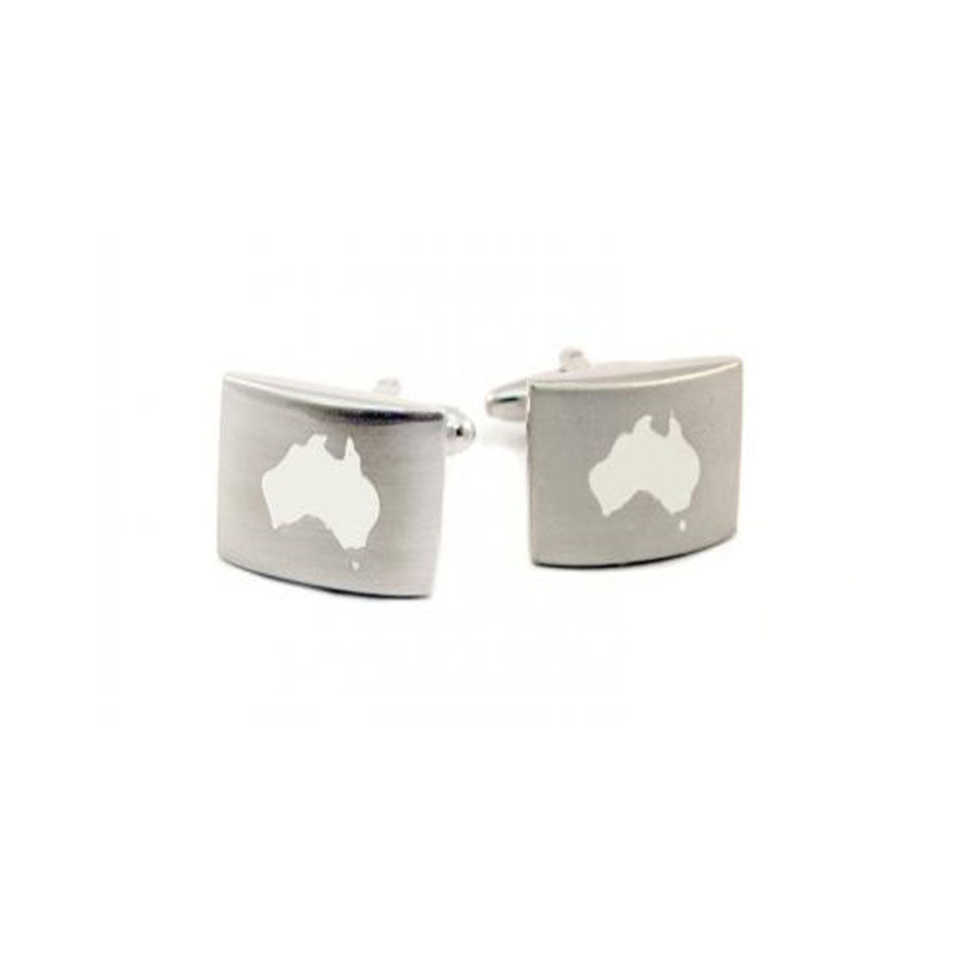 Brushed silver cufflinks featuring a laser etched Australian map