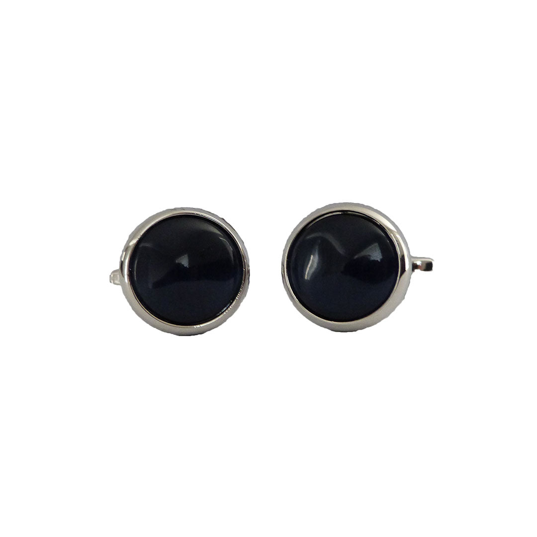 Mens blue black round cufflinks with polished silver edging