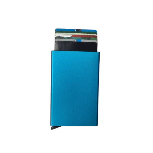 Blue RFID Aluminium Popup Wallet with credit cards