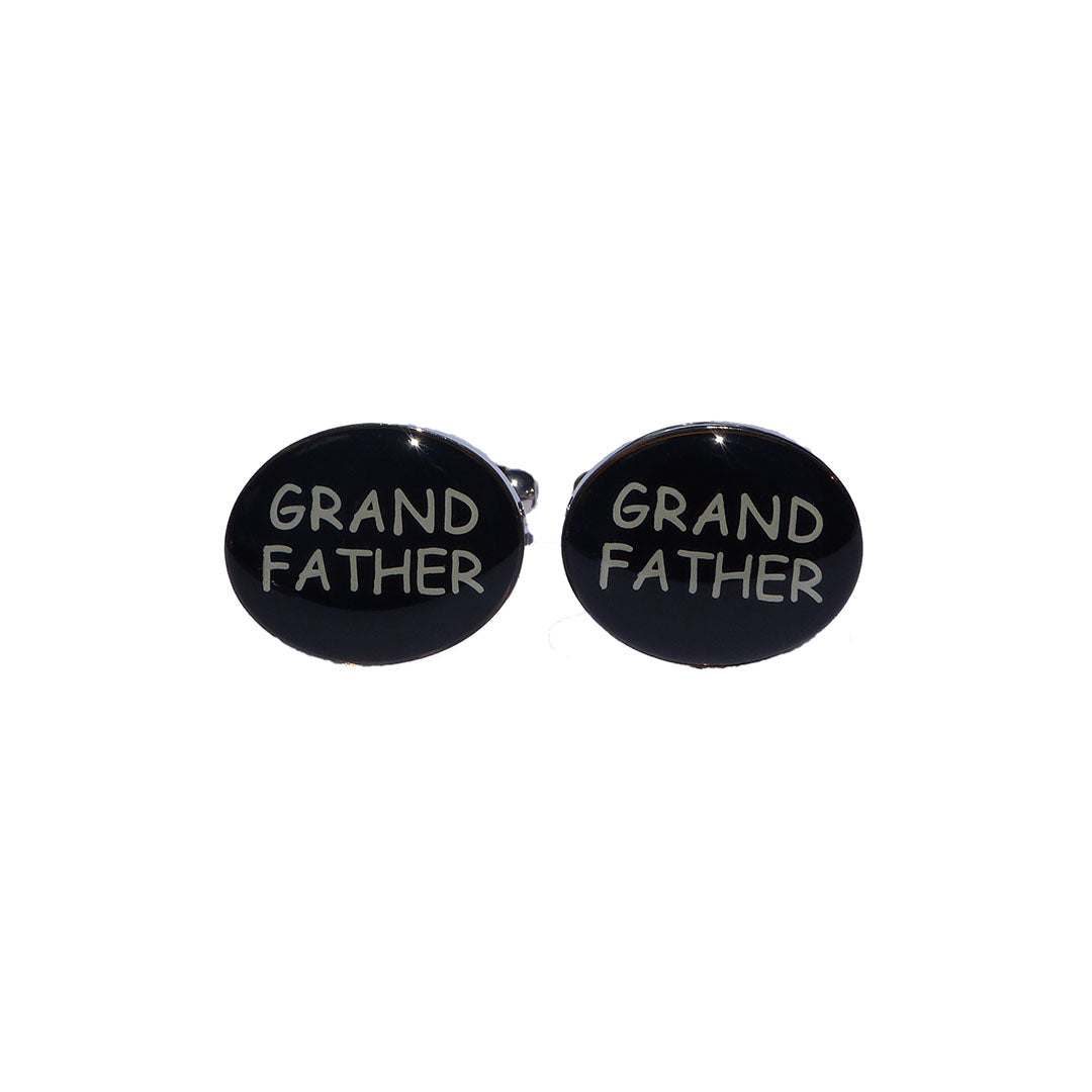 Grandfather cufflinks in black with engraved text and resin overlay finish