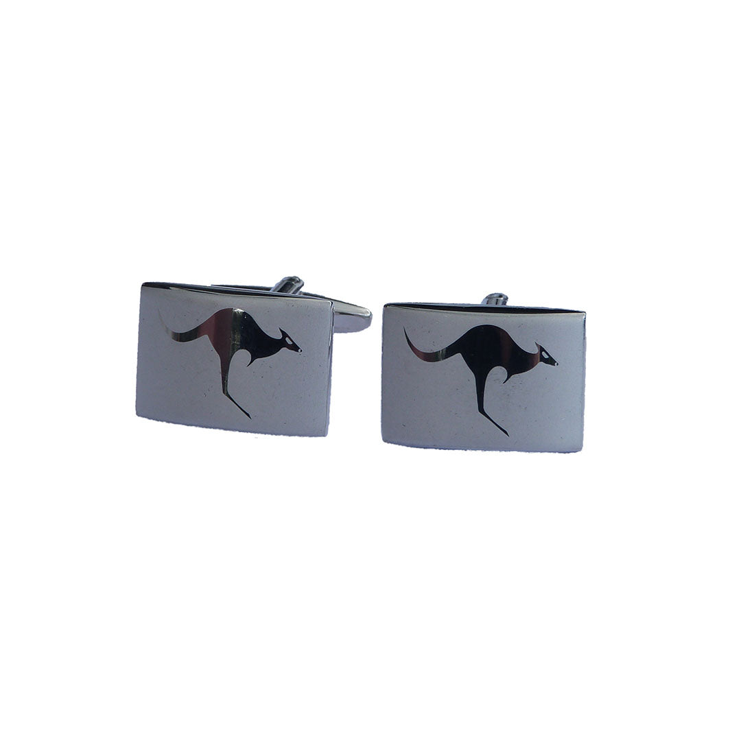 Polished silver Laser Kangaroo Cufflinks with engraved kangaroo design