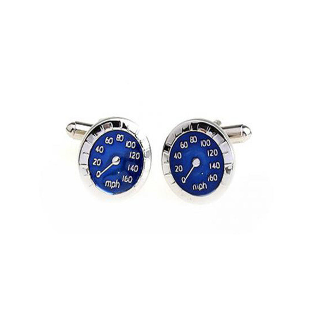 Blue speedometer cufflinks on polished silver backing