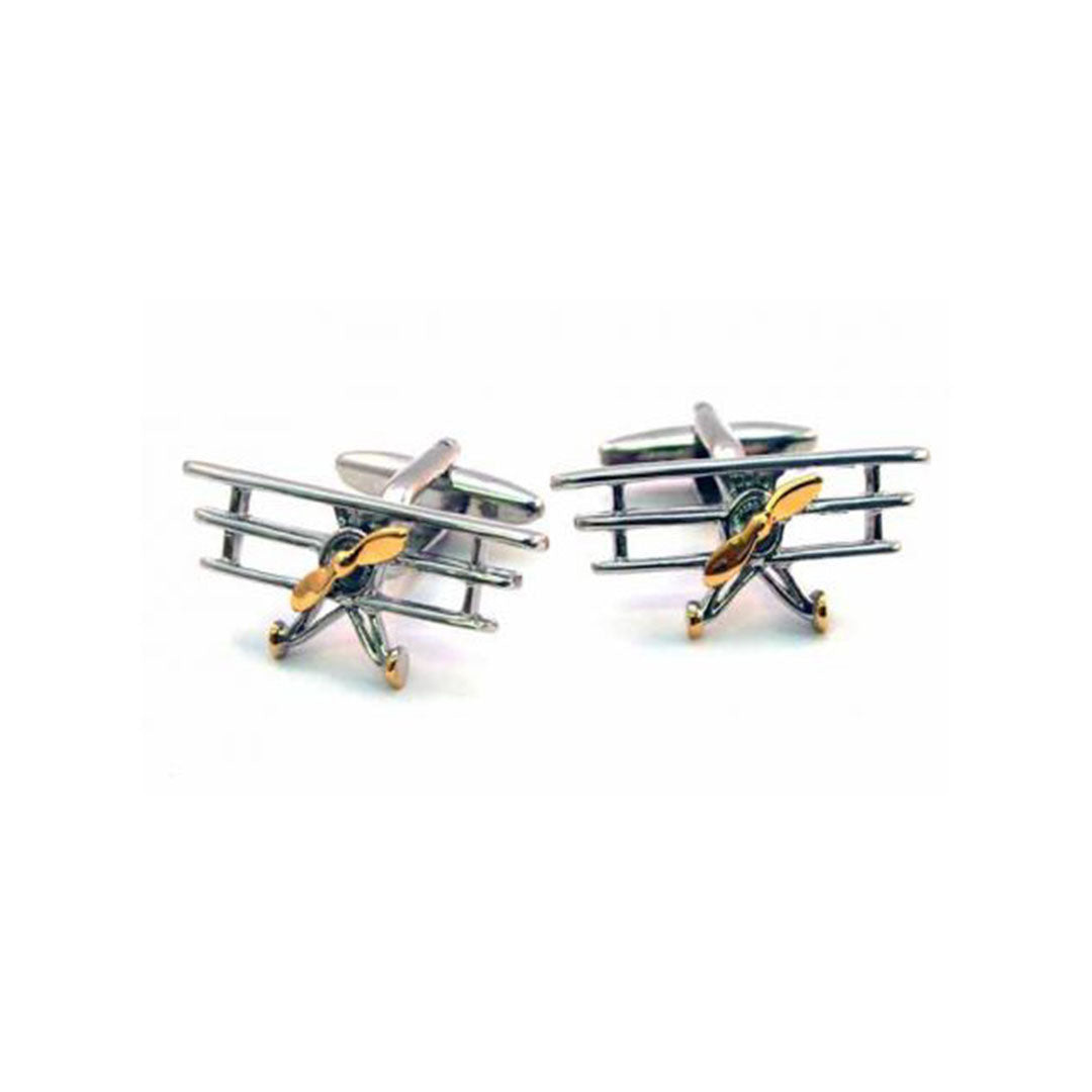 Silver triplane cufflinks with gold rotor detailing