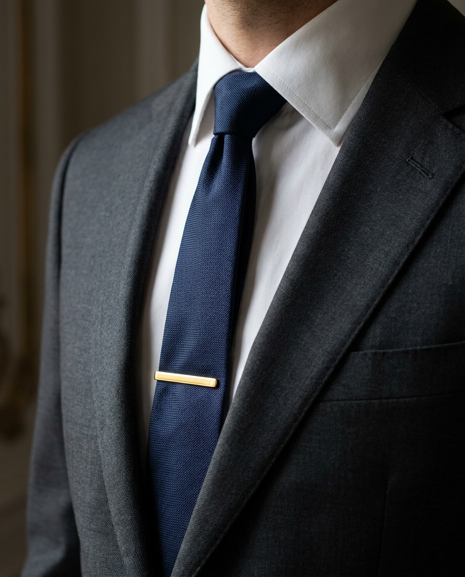 Gold tie bar on a navy tie - Father's Day Gifts