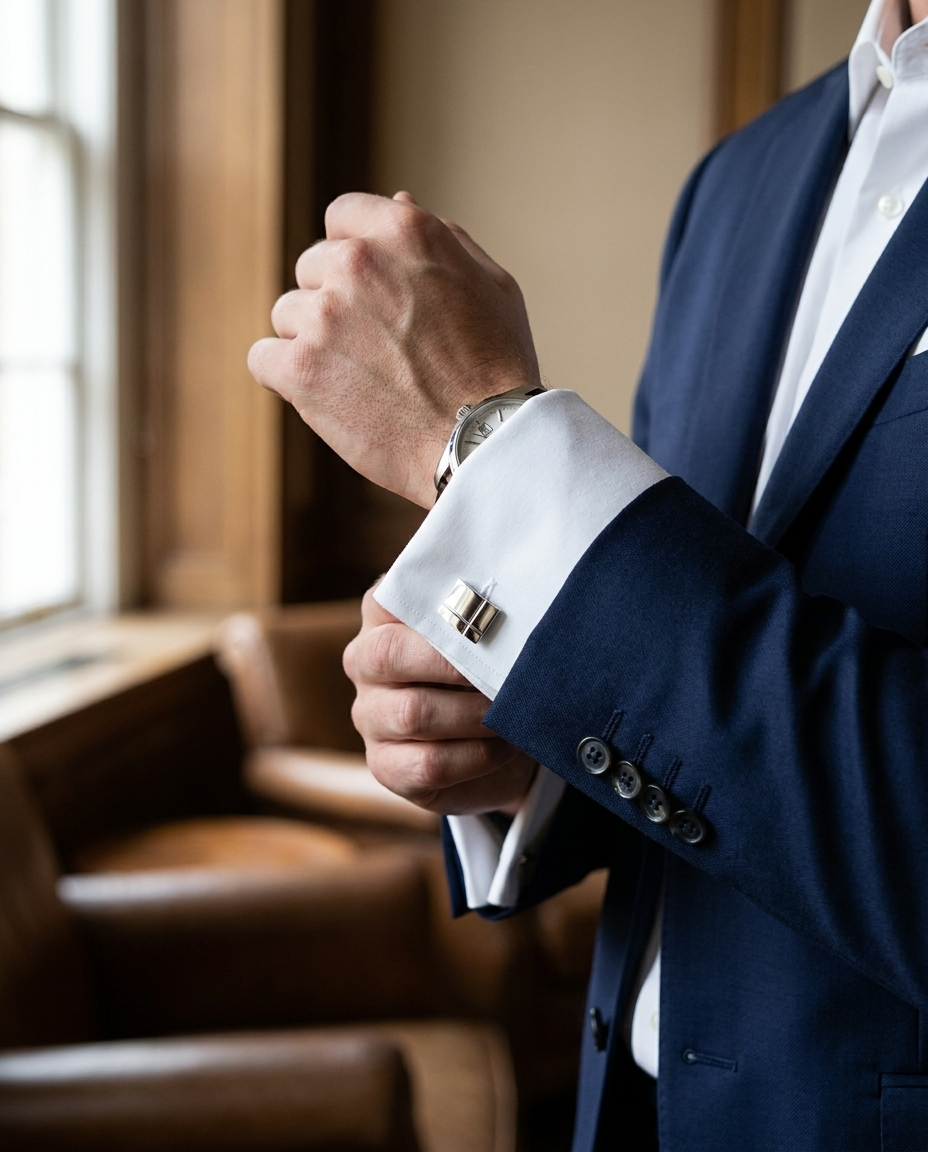 Man in navy suit wearing silver cufflinks - Groomsmen and Wedding Gifts