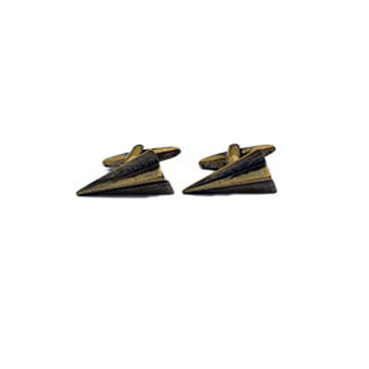 pair of antique brass paper plane cufflinks on white background