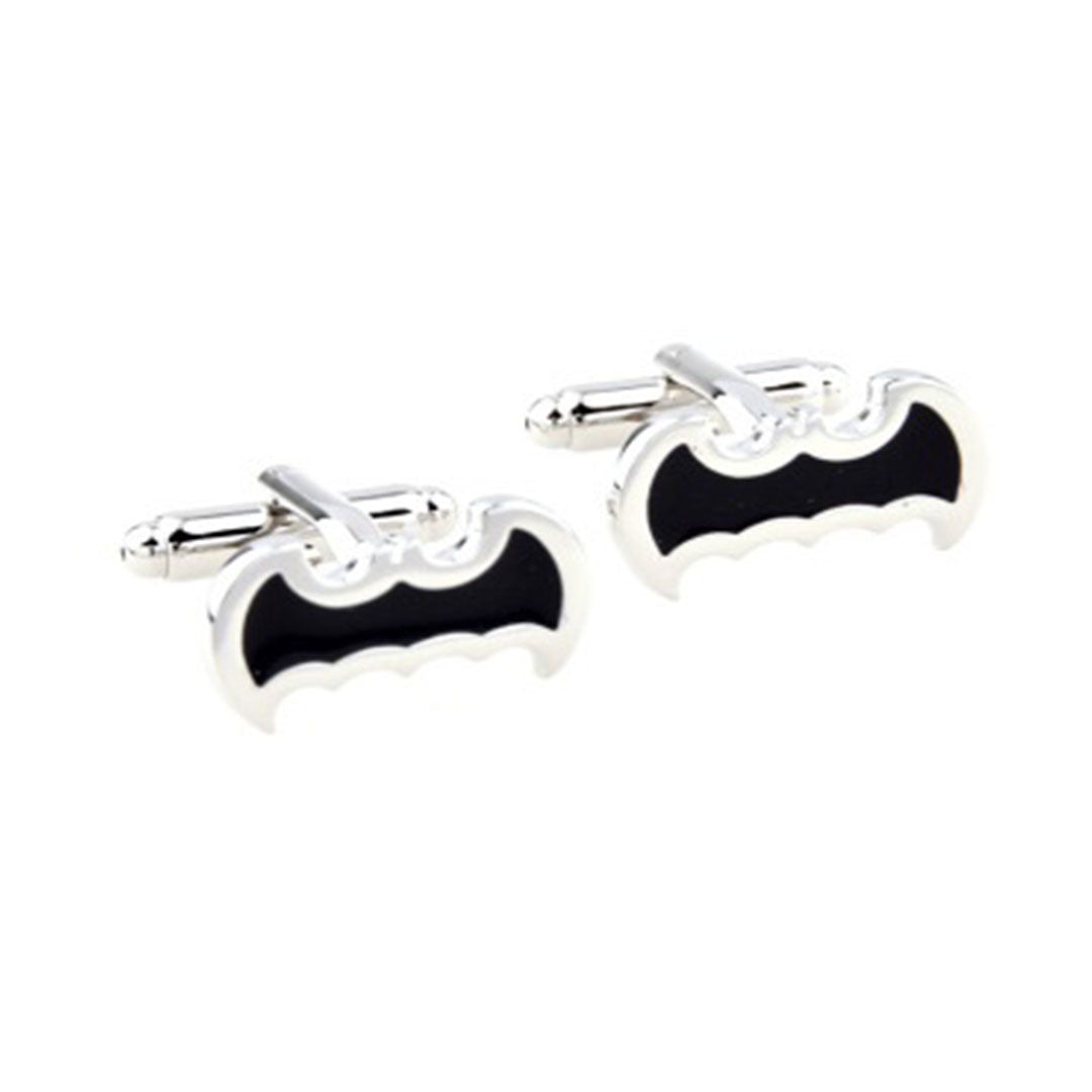 Black enamel bat cufflinks with polished silver outline