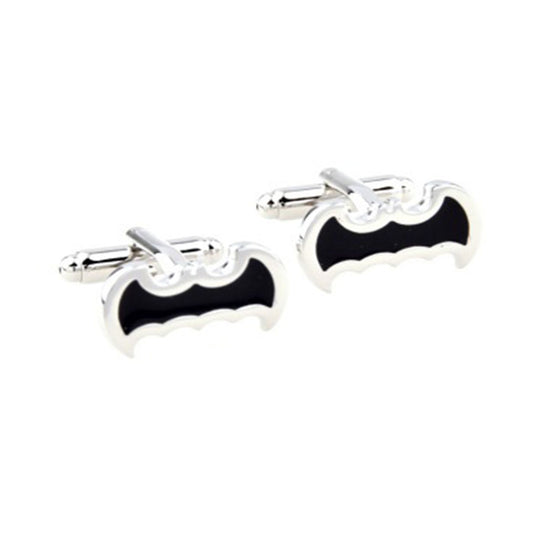 Black enamel bat cufflinks with polished silver outline