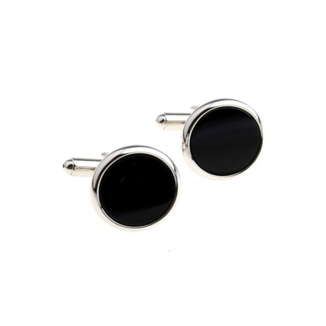 Black round cufflinks with silver-tone border displayed on white background