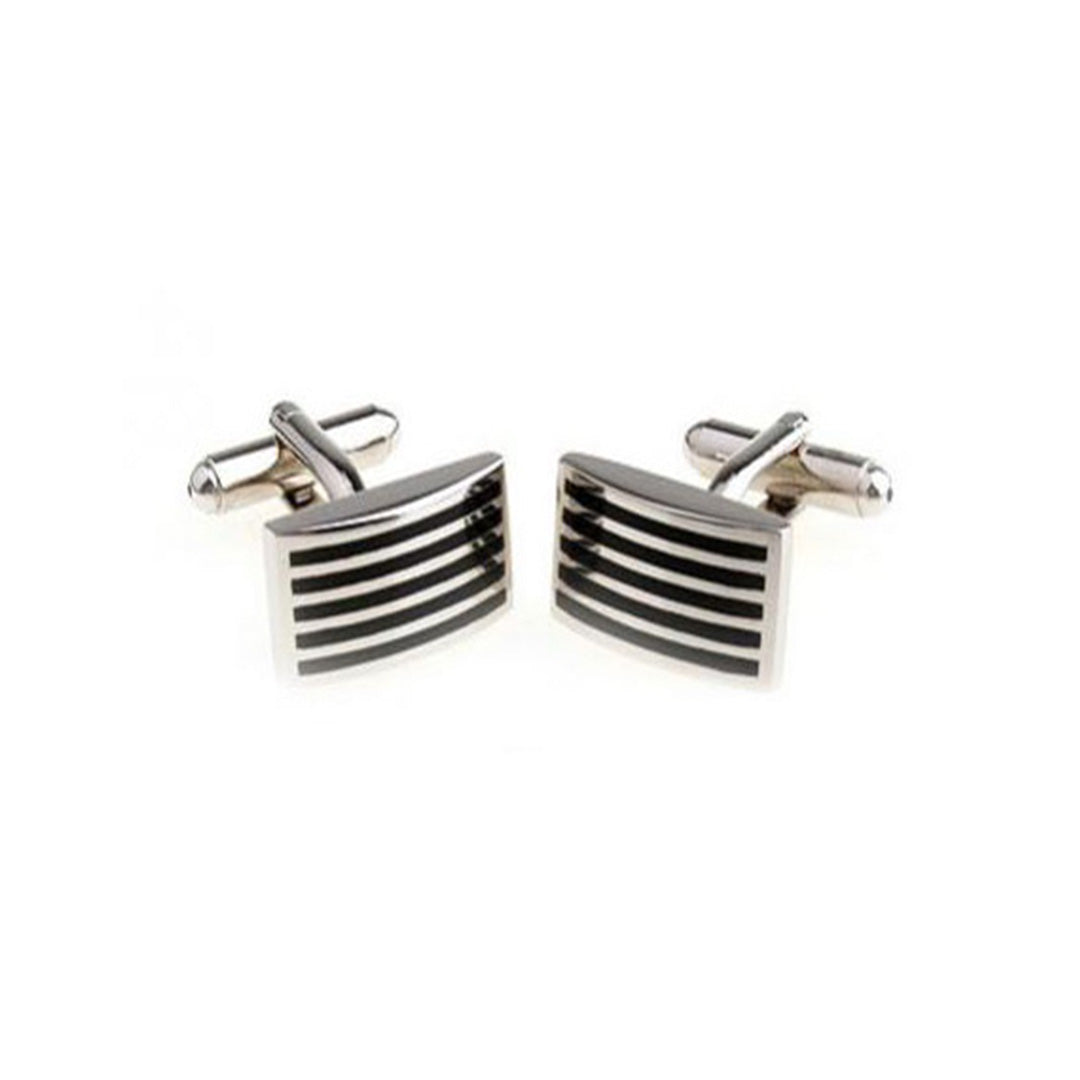 Black thin stripe cufflinks with minimalist silver design - sleek gift for modern men