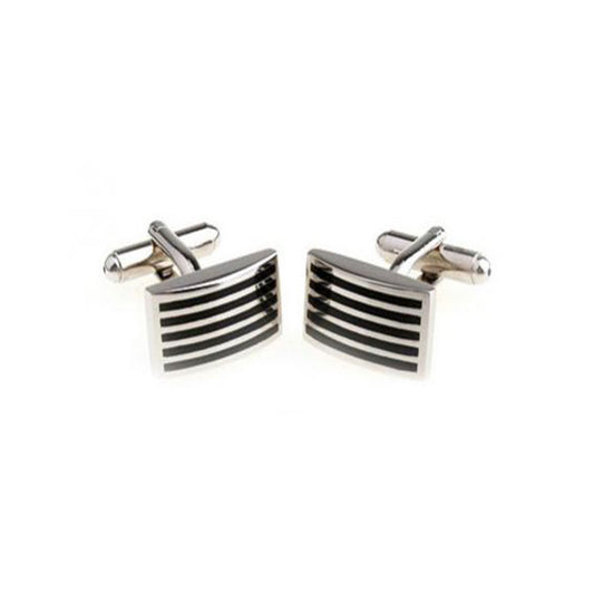 Black thin stripe cufflinks with minimalist silver design - sleek gift for modern men