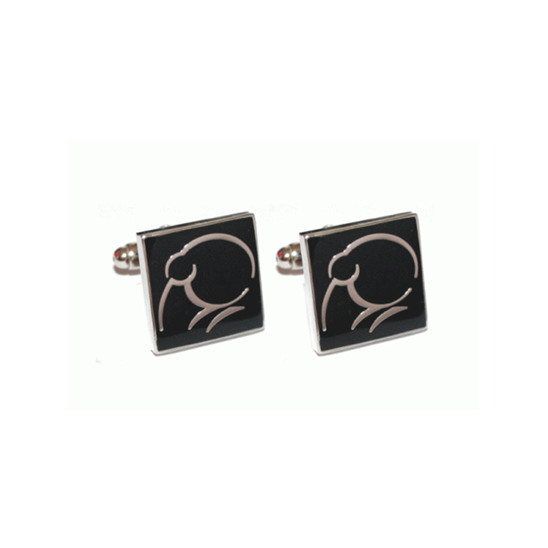 Custom-made silver kiwi outline cufflinks - exclusive minimalist New Zealand bird gift for men