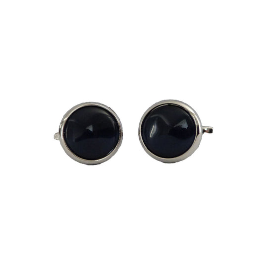 Mens blue black round cufflinks with polished silver edging