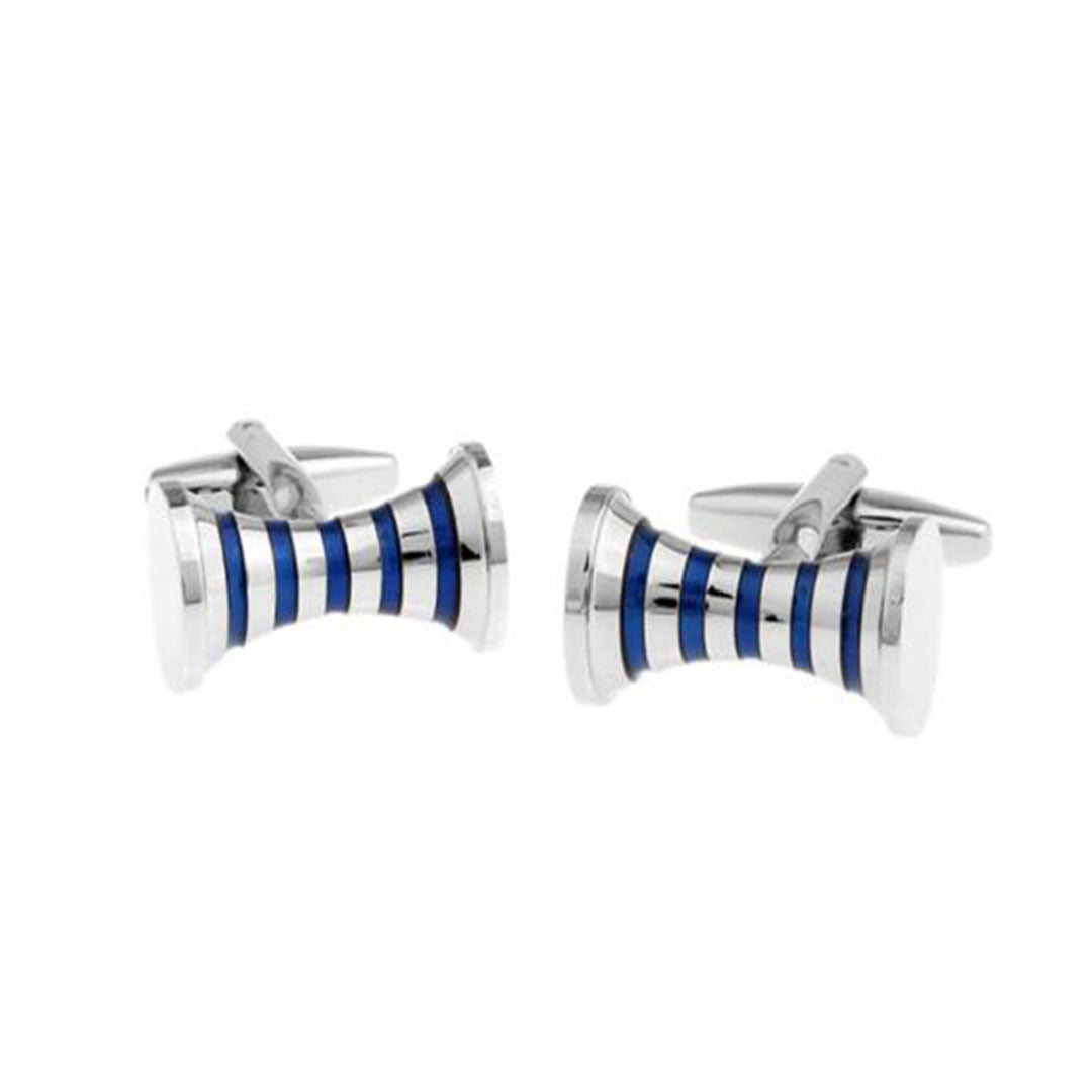 modern blue cylinder mens cufflinks with polished silver and enamel design