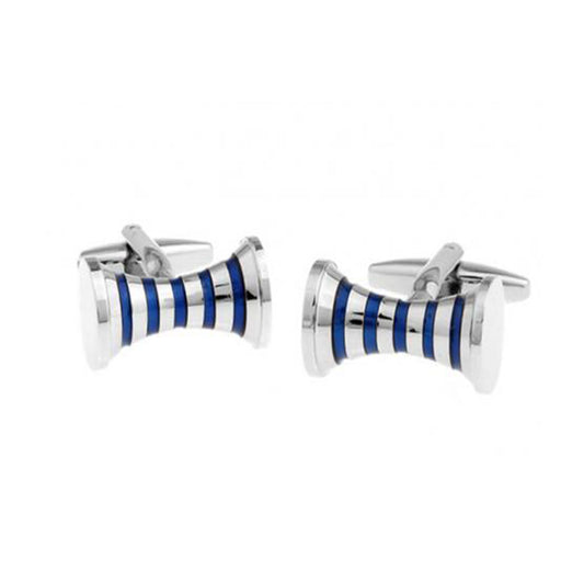 modern blue cylinder mens cufflinks with polished silver and enamel design