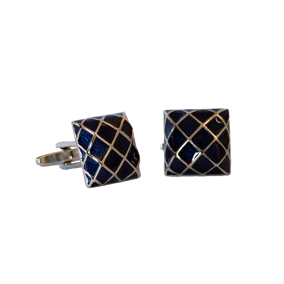 blue and silver diamond mens cufflinks with polished blue enamel and silver lattice design