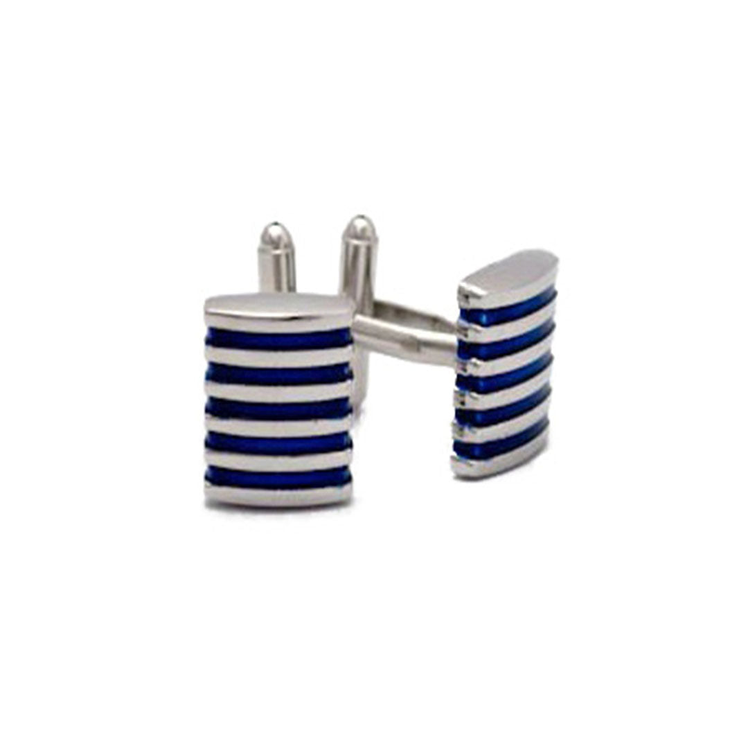 blue stripe mens cufflinks with polished silver finish and blue enamel stripe detail