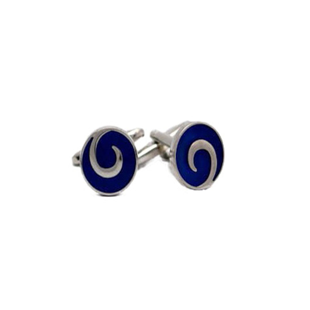 Blue swirl cufflinks with silver swirl design on navy enamel background
