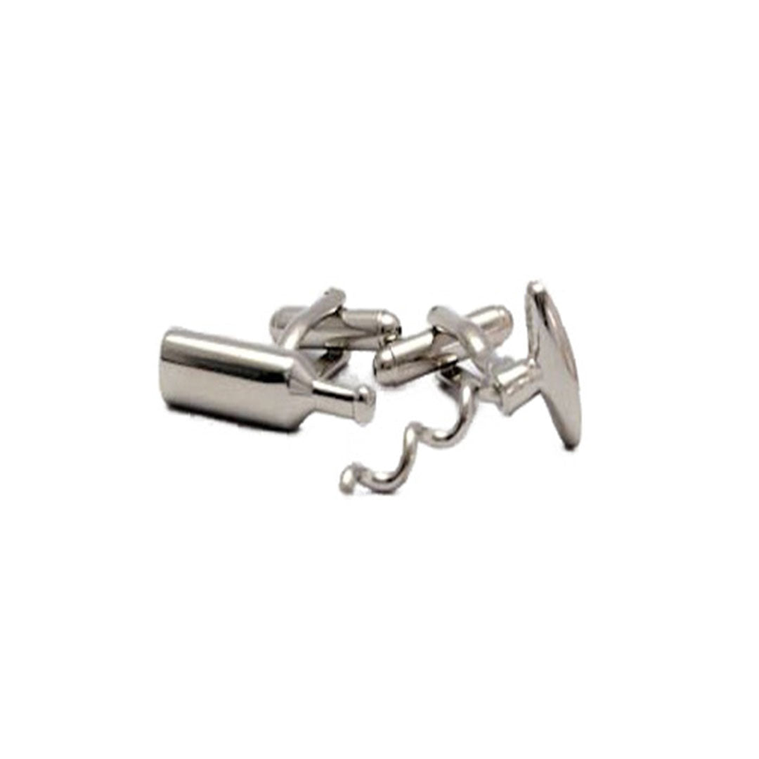 Bottle and corkscrew cufflinks in polished silver tone
