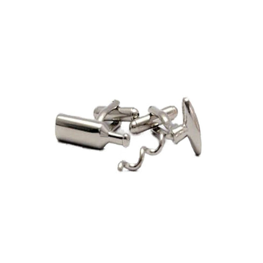Bottle and corkscrew cufflinks in polished silver tone