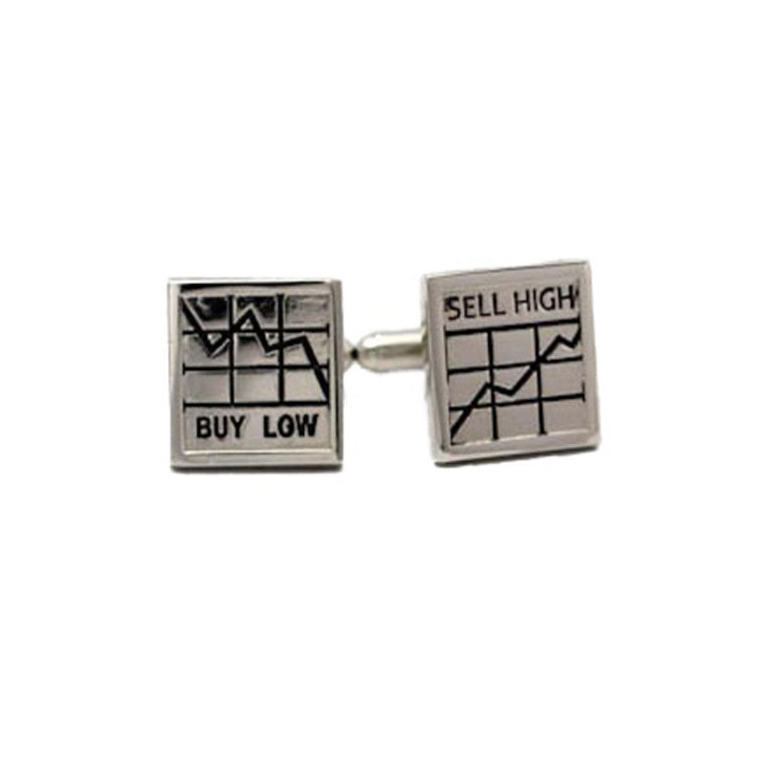 Buy Low Sell High cufflinks with silver square design and market graph detail