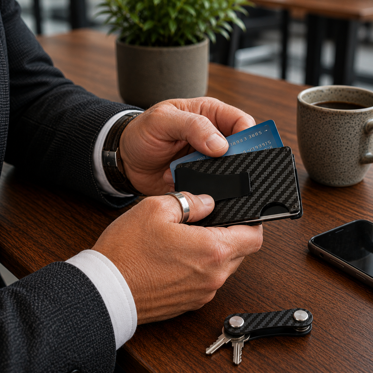 Man using a carbon fibre RFID wallet with credit card at a café.
