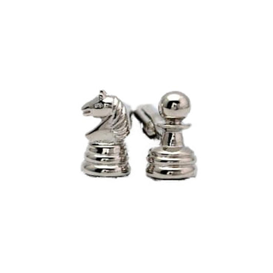 Knight and pawn chess piece cufflinks in polished silver finish