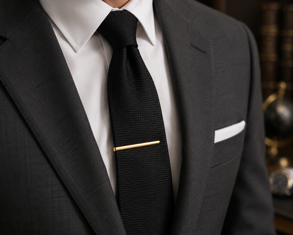 Classic gold tie bar worn on a black tie with a white shirt and dark suit.
