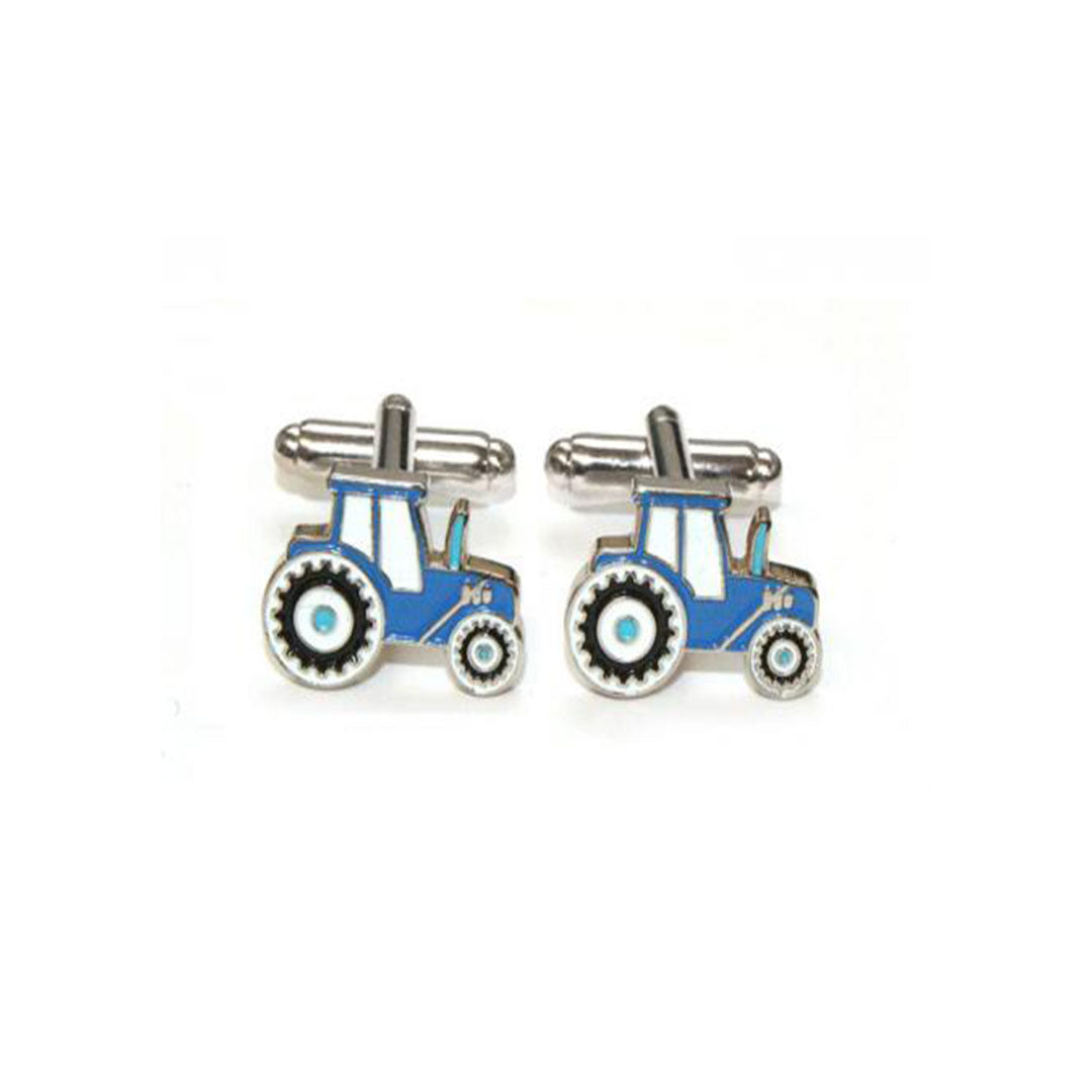 Coloured blue tractor cufflinks with silver tone backing