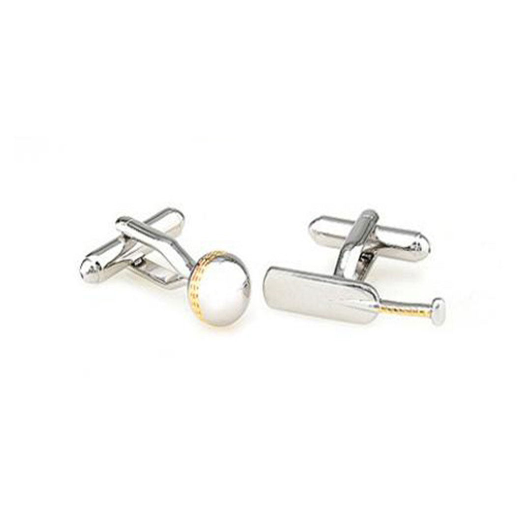 pair of silver cricket bat and ball cufflinks on white background