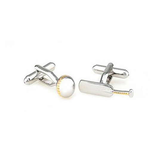 pair of silver cricket bat and ball cufflinks on white background