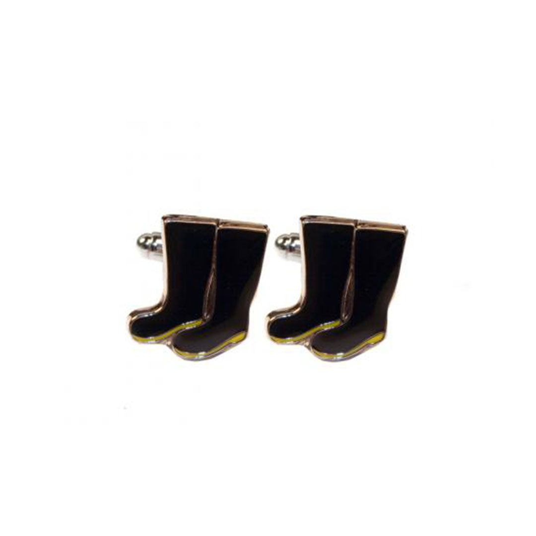 Novelty gumboot cufflinks with black enamel and silver tone finish