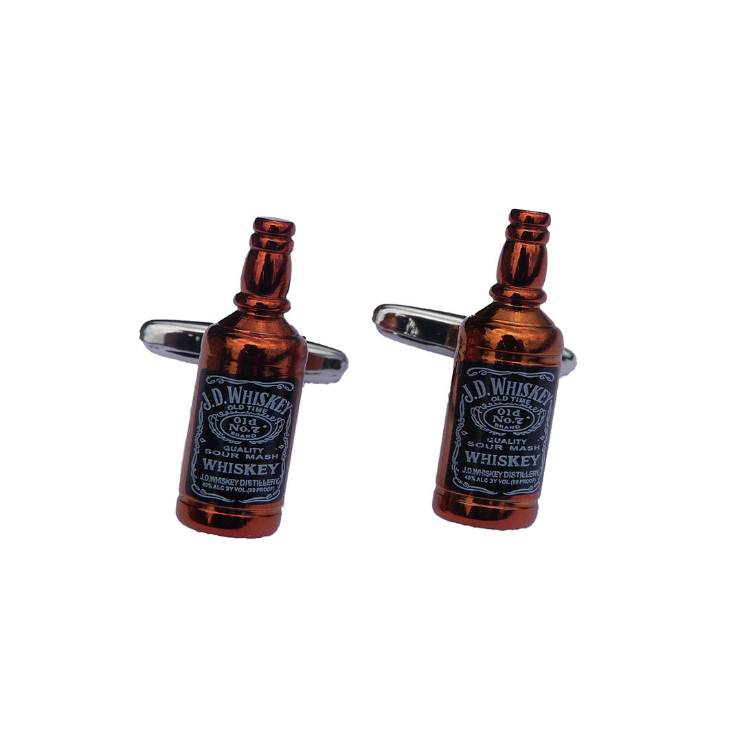 Pair of copper JD whiskey bottle cufflinks with detailed black and white labels