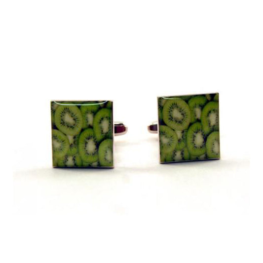 Bold green kiwifruit cufflinks with a fun sliced-fruit design. A unique accessory for NZ fans and food lovers. Shop Cody Jay.