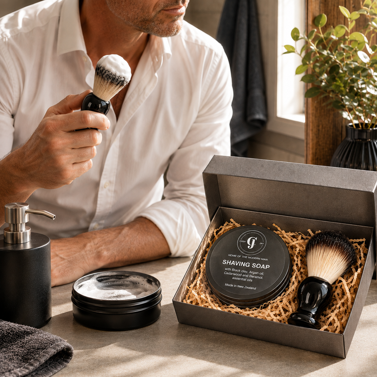 CodyJay men’s shaving soap and shave brush gift set with a man using the shaving brush beside the open gift box.