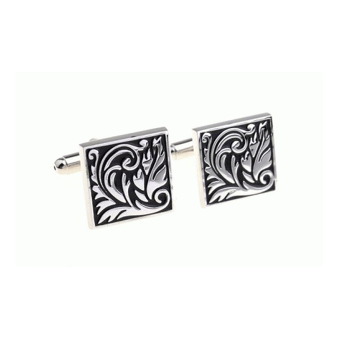 Modern Floral Cufflinks with engraved floral pattern and polished silver finish