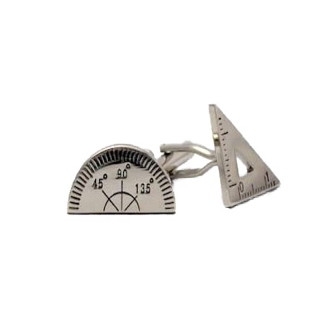 Silver protractor and set square cufflinks with engraved detailing.