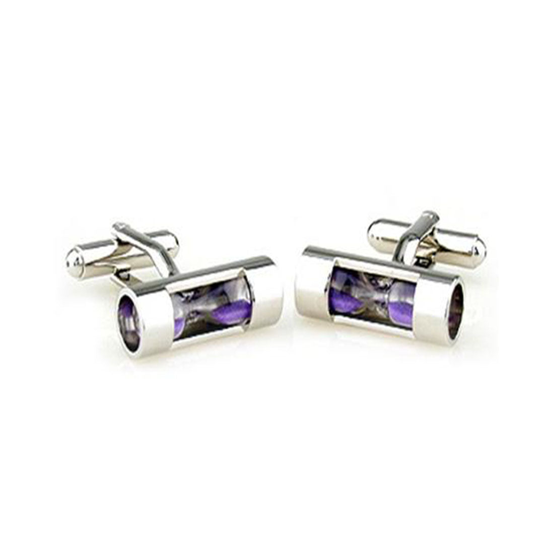 Silver cufflinks with a miniature purple hourglass inside