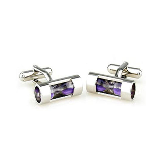 Silver cufflinks with a miniature purple hourglass inside