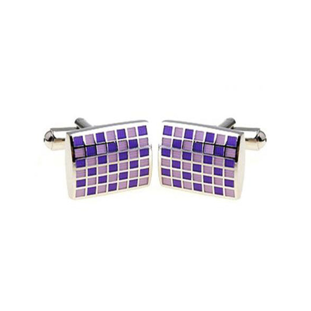 Purple mini square cufflinks with modern purple grid pattern and silver frame.