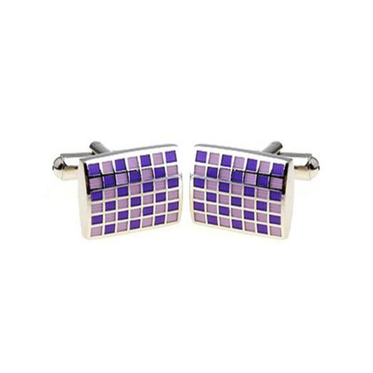 Purple mini square cufflinks with modern purple grid pattern and silver frame.