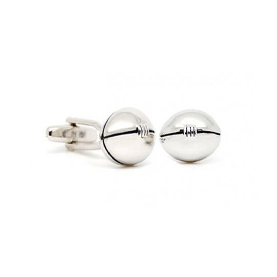 Silver rugby ball cufflinks with polished finish for rugby fans and formal wear