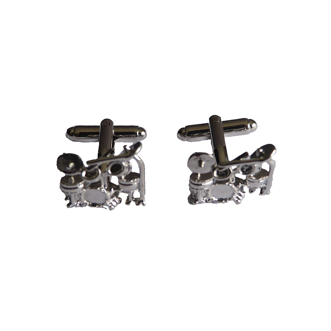 Polished silver drum kit cufflinks with detailed design