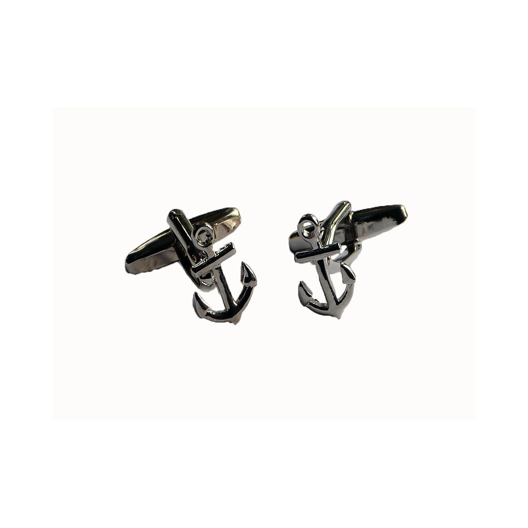 Petite anchor cufflinks in polished silver shown as a matching pair