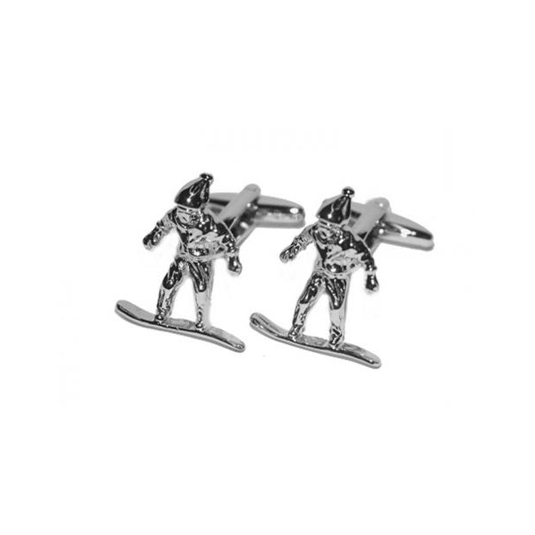 Polished silver Snowboarder Cufflinks on white background