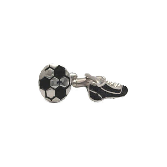 Soccer boot and ball cufflinks in silver with black and white enamel detailing