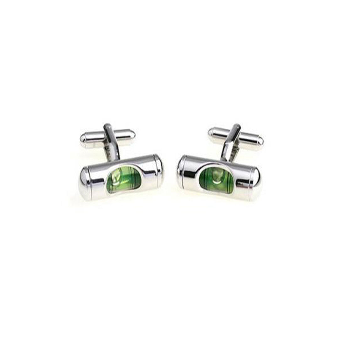 Spirit Level Cufflinks with silver casing and green level tube