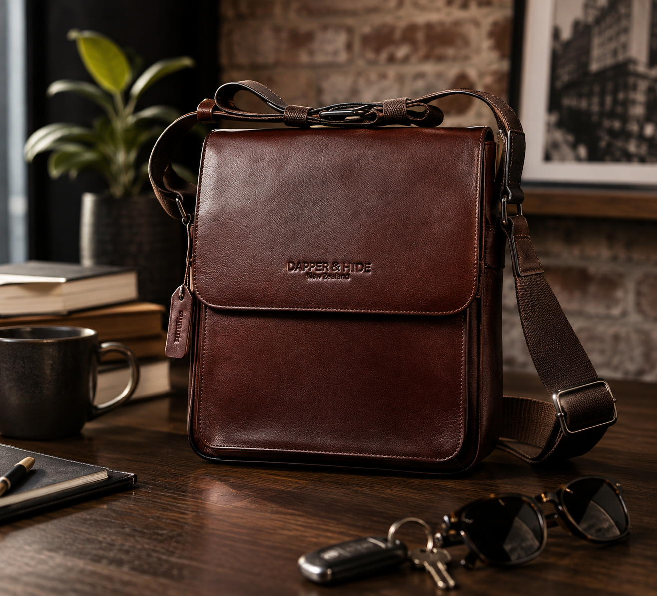 Brown genuine leather men’s satchel with adjustable shoulder strap on a wooden desk.