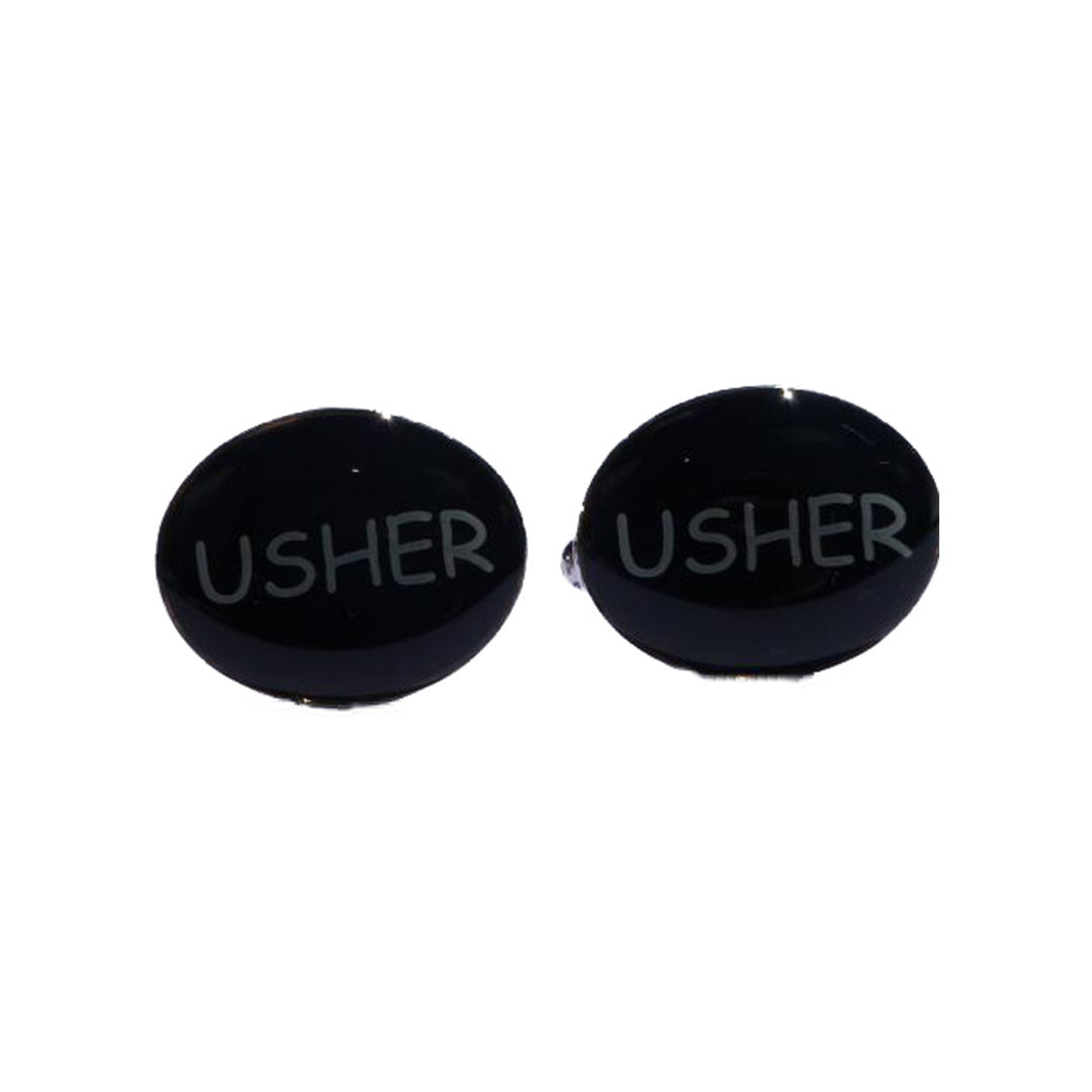 Usher cufflinks in black oval design for wedding party attire