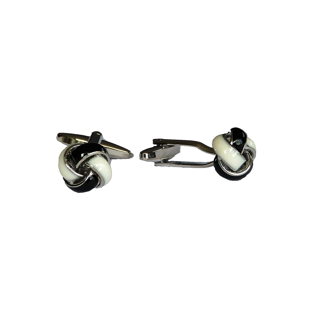 white and black knot mens cufflinks with polished silver and enamel design